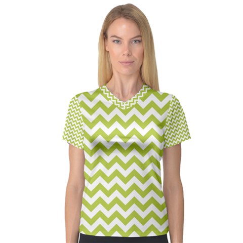 Spring Green And White Zigzag Pattern Women s V-neck Sport Mesh Tee by Zandiepants