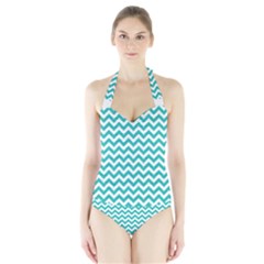 Turquoise And White Zigzag Pattern Women s Halter One Piece Swimsuit by Zandiepants