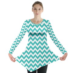 Turquoise And White Zigzag Pattern Long Sleeve Tunic  by Zandiepants