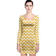 Sunny Yellow And White Zigzag Pattern Long Sleeve Bodycon Dress