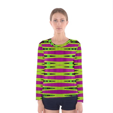 Bright Green Pink Geometric Women s Long Sleeve Tee by BrightVibesDesign