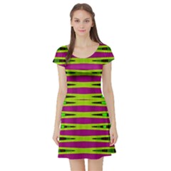 Bright Green Pink Geometric Short Sleeve Skater Dress by BrightVibesDesign