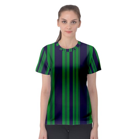 Dark Blue Green Striped Pattern Women s Sport Mesh Tee by BrightVibesDesign