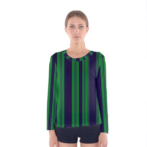 Dark Blue Green Striped Pattern Women s Long Sleeve Tee by BrightVibesDesign