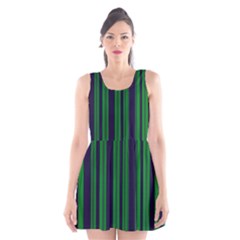 Dark Blue Green Striped Pattern Scoop Neck Skater Dress by BrightVibesDesign