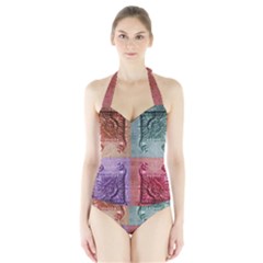 Vintage Flower Squares Women s Halter One Piece Swimsuit