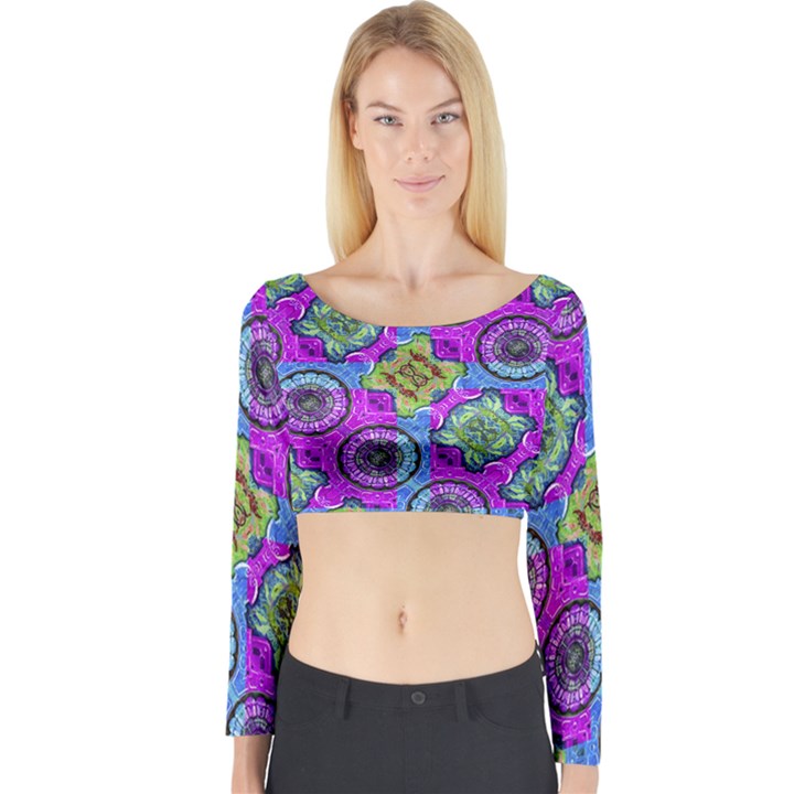 Collage Ornate Print Long Sleeve Crop Top