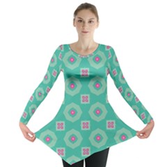 Pink Flowers And Other Shapes Pattern  Long Sleeve Tunic by LalyLauraFLM