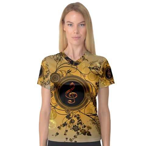 Decorative Clef On A Round Button With Flowers And Bubbles Women s V-neck Sport Mesh Tee by FantasyWorld7