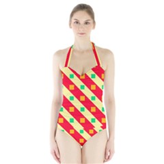 Squares And Stripes    Women s Halter One Piece Swimsuit by LalyLauraFLM