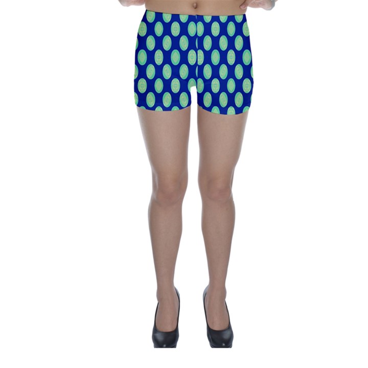 Mod Retro Green Circles On Blue Skinny Shorts