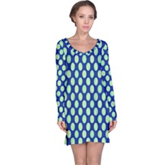 Mod Retro Green Circles On Blue Long Sleeve Nightdress