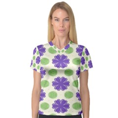 Purple Flowers Pattern        Women s V-neck Sport Mesh Tee