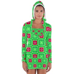 Green Red Squares Pattern    Women s Long Sleeve Hooded T-shirt