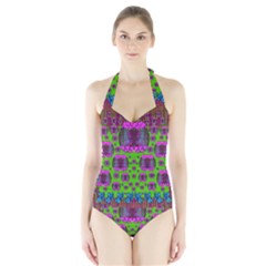  Ladies Looking At Beauty And Love Women s Halter One Piece Swimsuit