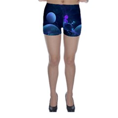 The Music Of My Goddess, Abstract Cyan Mystery Planet Skinny Shorts