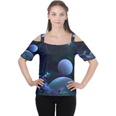 The Music Of My Goddess, Abstract Cyan Mystery Planet Women s Cutout Shoulder Tee