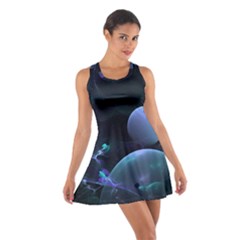 The Music Of My Goddess, Abstract Cyan Mystery Planet Racerback Dresses by DianeClancy