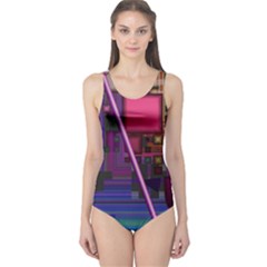 Jewel City, Radiant Rainbow Abstract Urban One Piece Swimsuit by DianeClancy