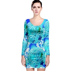 Blue Ice Crystals, Abstract Aqua Azure Cyan Long Sleeve Bodycon Dress by DianeClancy