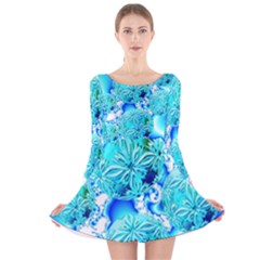 Blue Ice Crystals, Abstract Aqua Azure Cyan Long Sleeve Velvet Skater Dress by DianeClancy