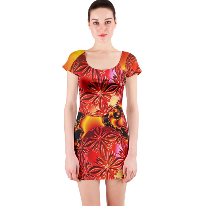  Flame Delights, Abstract Red Orange Short Sleeve Bodycon Dress