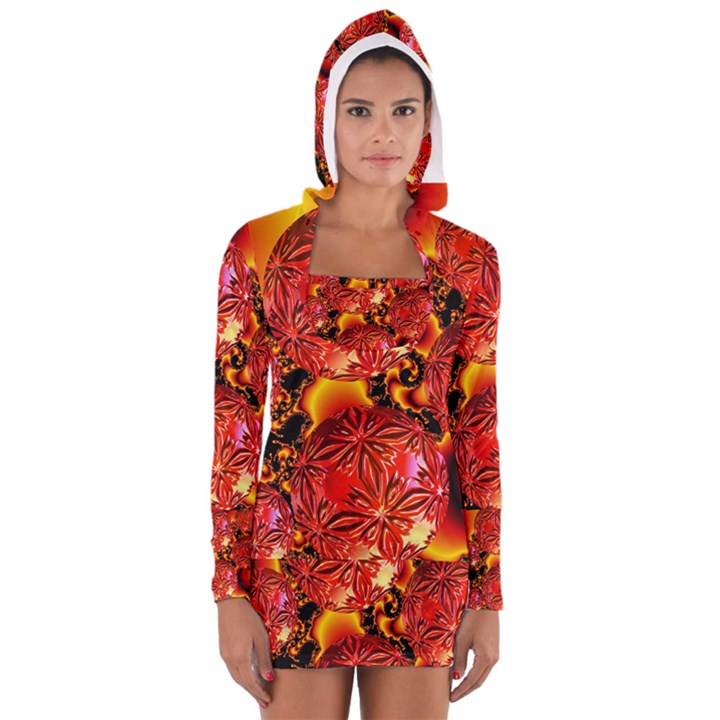  Flame Delights, Abstract Red Orange Women s Long Sleeve Hooded T-shirt