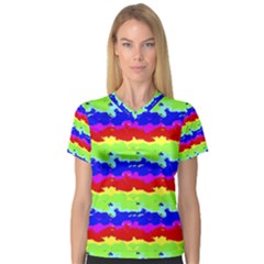 Colorful Abstract Collage Print Women s V-neck Sport Mesh Tee