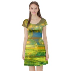 Golden Days, Abstract Yellow Azure Tranquility Short Sleeve Skater Dress by DianeClancy