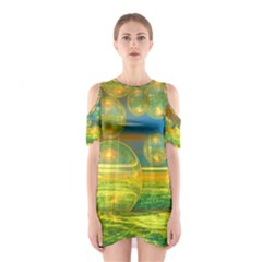 Golden Days, Abstract Yellow Azure Tranquility Cutout Shoulder Dress by DianeClancy