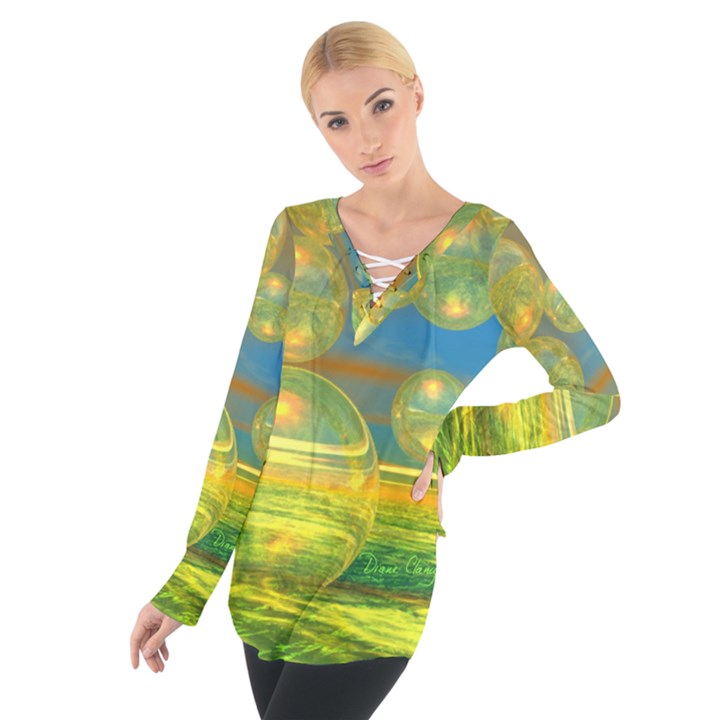 Golden Days, Abstract Yellow Azure Tranquility Women s Tie Up Tee