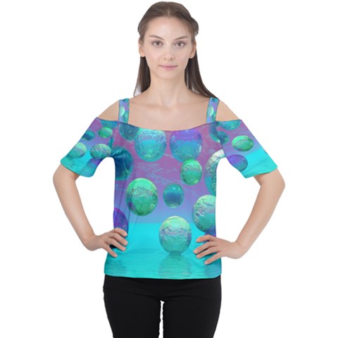 Ocean Dreams, Abstract Aqua Violet Ocean Fantasy Women s Cutout Shoulder Tee by DianeClancy