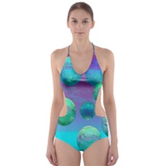 Ocean Dreams, Abstract Aqua Violet Ocean Fantasy Cut-out One Piece Swimsuit by DianeClancy