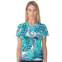 Teal Sea Forest, Abstract Underwater Ocean Women s V-neck Sport Mesh Tee