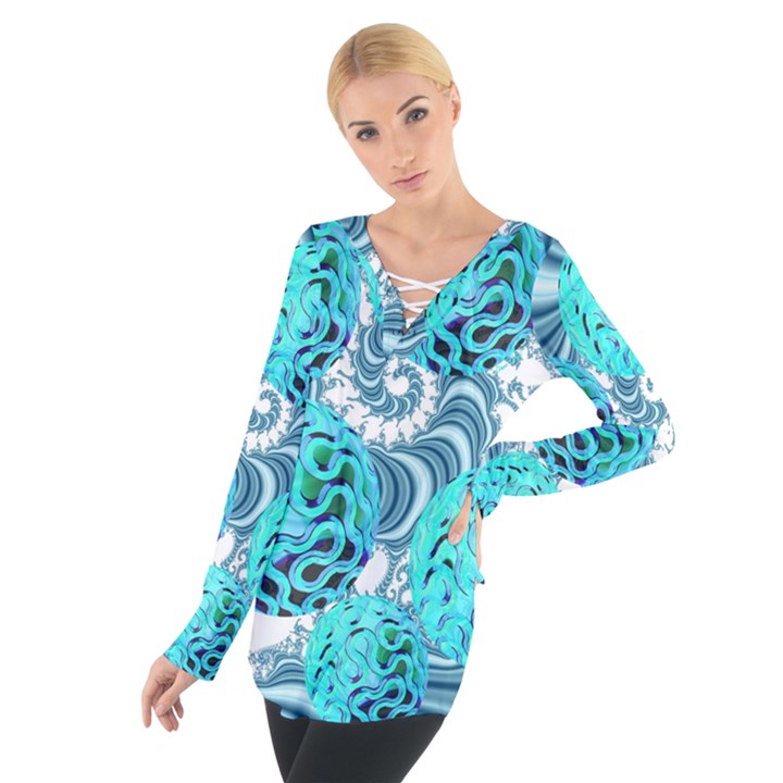 Teal Sea Forest, Abstract Underwater Ocean Women s Tie Up Tee