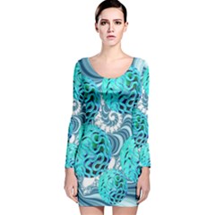 Teal Sea Forest, Abstract Underwater Ocean Long Sleeve Velvet Bodycon Dress by DianeClancy