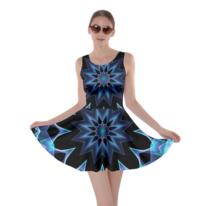 Crystal Star, Abstract Glowing Blue Mandala Skater Dress