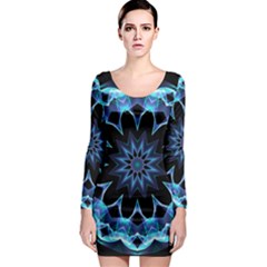 Crystal Star, Abstract Glowing Blue Mandala Long Sleeve Bodycon Dress