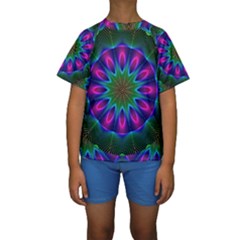 Star Of Leaves, Abstract Magenta Green Forest Kid s Short Sleeve Swimwear