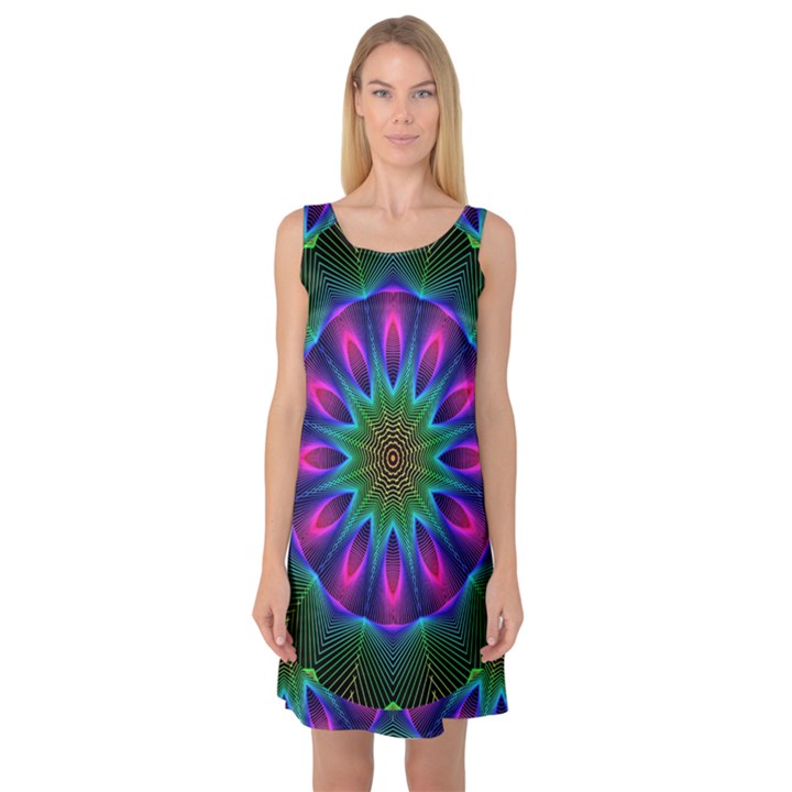 Star Of Leaves, Abstract Magenta Green Forest Sleeveless Satin Nightdress