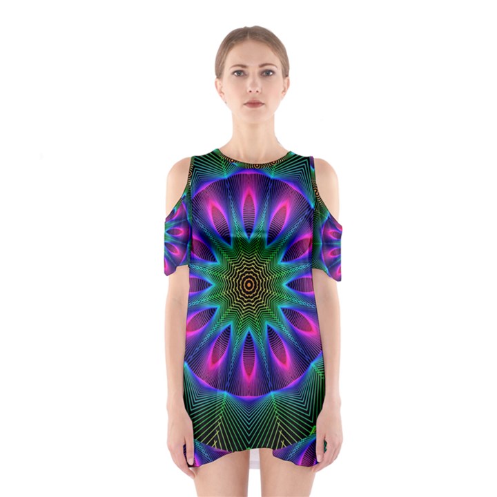 Star Of Leaves, Abstract Magenta Green Forest Cutout Shoulder Dress