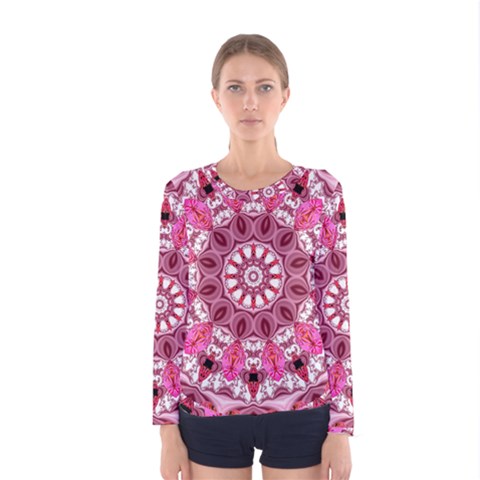 Twirling Pink, Abstract Candy Lace Jewels Mandala  Women s Long Sleeve Tee by DianeClancy