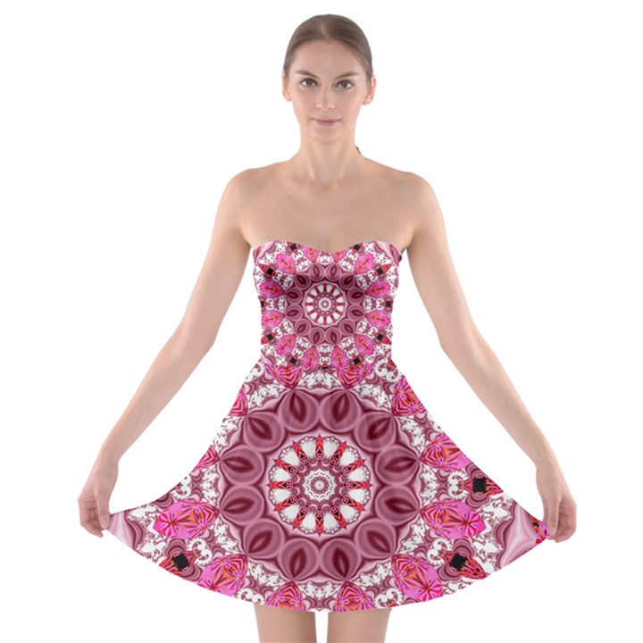 Twirling Pink, Abstract Candy Lace Jewels Mandala  Strapless Dresses