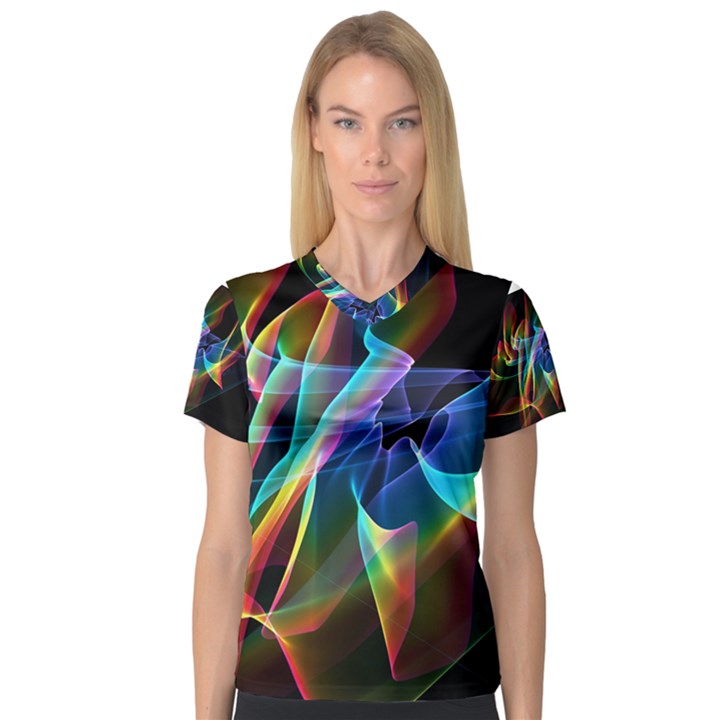 Aurora Ribbons, Abstract Rainbow Veils  Women s V-Neck Sport Mesh Tee