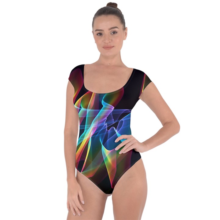 Aurora Ribbons, Abstract Rainbow Veils  Short Sleeve Leotard (Ladies)