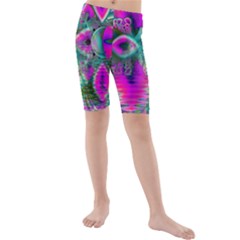 Crystal Flower Garden, Abstract Teal Violet Kid s Mid Length Swim Shorts by DianeClancy