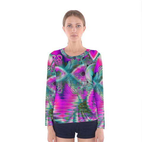 Crystal Flower Garden, Abstract Teal Violet Women s Long Sleeve Tee by DianeClancy