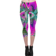 Crystal Flower Garden, Abstract Teal Violet Capri Leggings  by DianeClancy