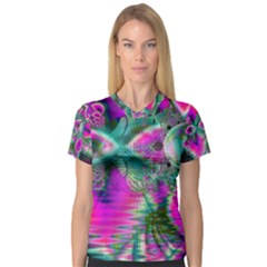 Crystal Flower Garden, Abstract Teal Violet Women s V-neck Sport Mesh Tee