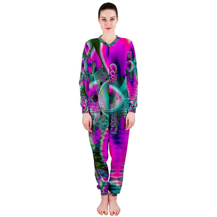 Crystal Flower Garden, Abstract Teal Violet OnePiece Jumpsuit (Ladies) 